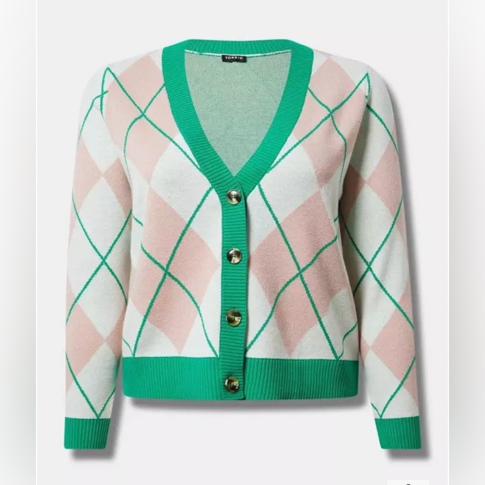 TORRID Drop Shoulder Pink & Green Argyle Cardigan Sweater